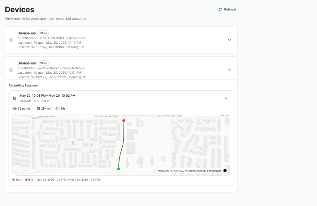 FieldGrid devices page showing mobile device sessions and recorded routes