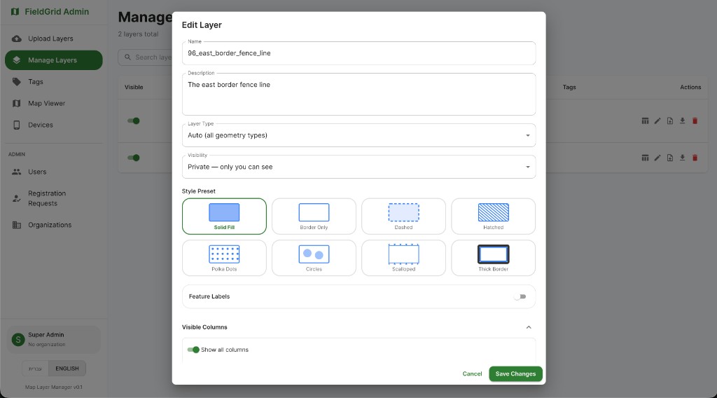 FieldGrid layer editor with styling and column visibility controls