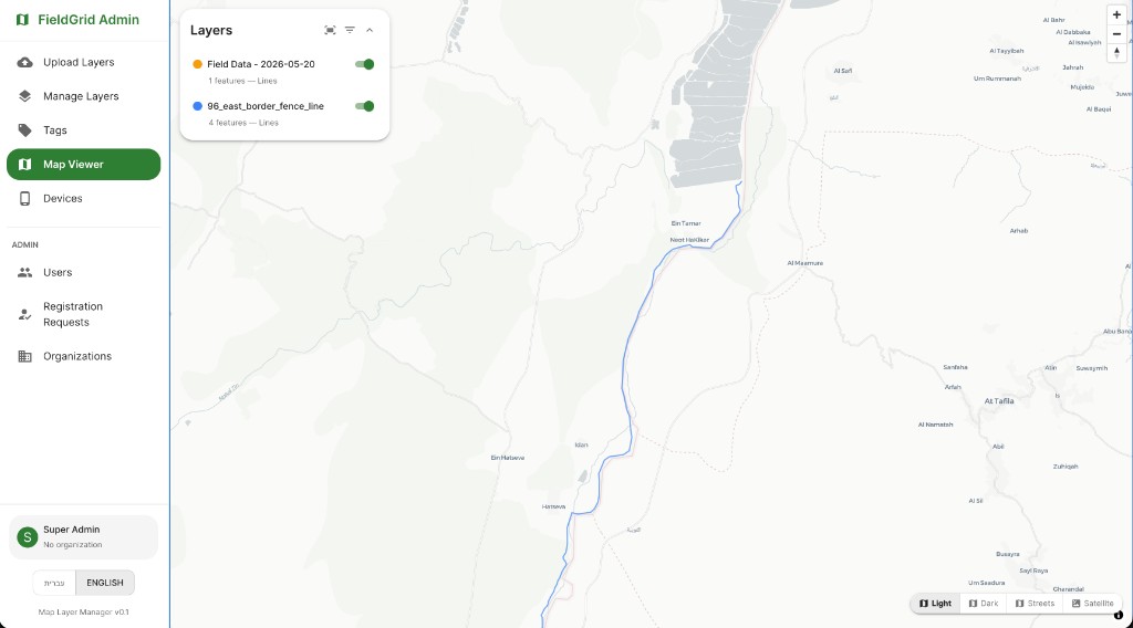 FieldGrid admin map viewer showing active GIS layers on a terrain map